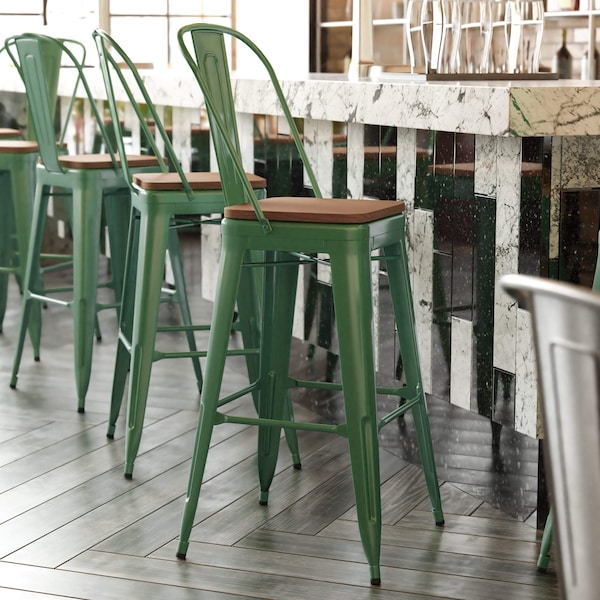 Flash Furniture 30" Green Metal Counter Stool-Teak Poly Seat CH-31320-30GB-GN-PL2T-GG - main
